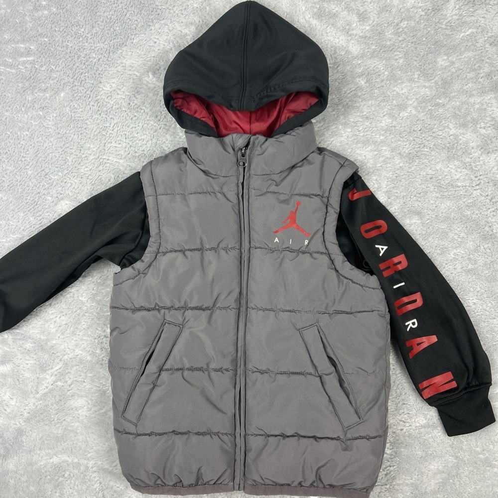 Air‎ Jordan Layered Look Hybrid Jacket Boys 4 Gray Black Logo Hooded Warm Wear